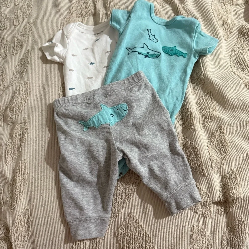 Adorable Shark Baby Outfit Set Blue White Gray patch baby shark Carters 3 month